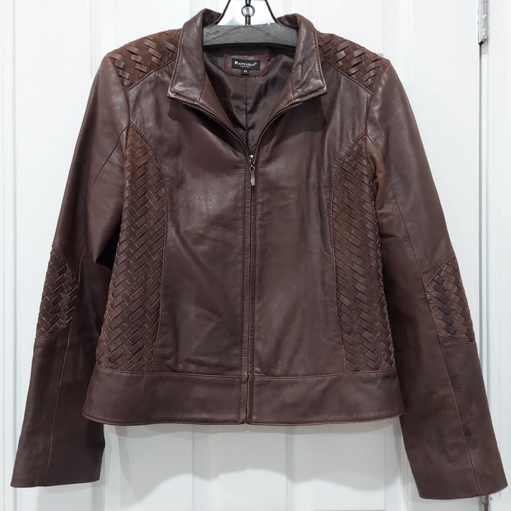Vintage Chocolate Brown Leather Jacket with Woven Details Medium Rafaella